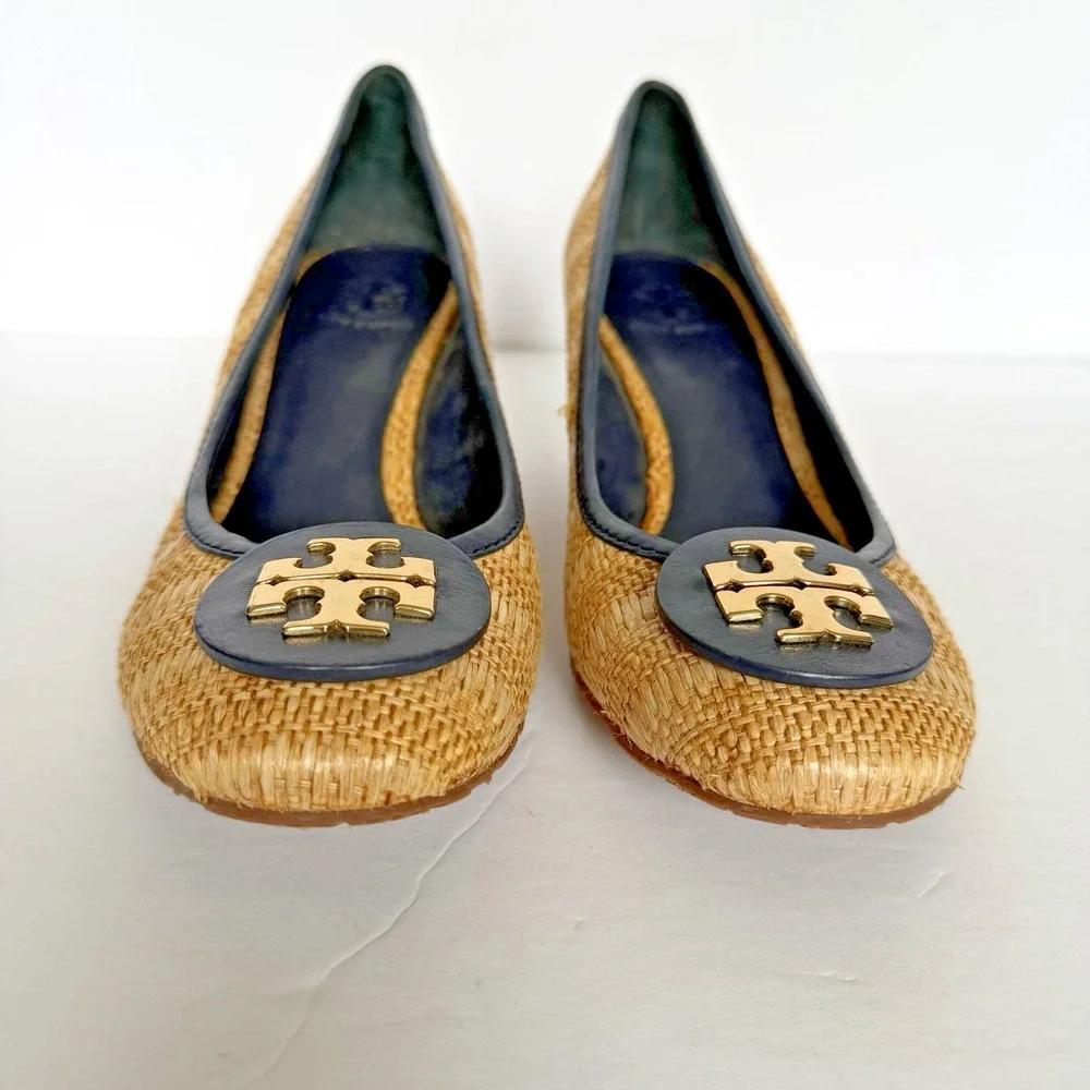 Tory Burch Sally Raffia Wedge Heel Shoes Size 11 Black Leather Lg Logo Career